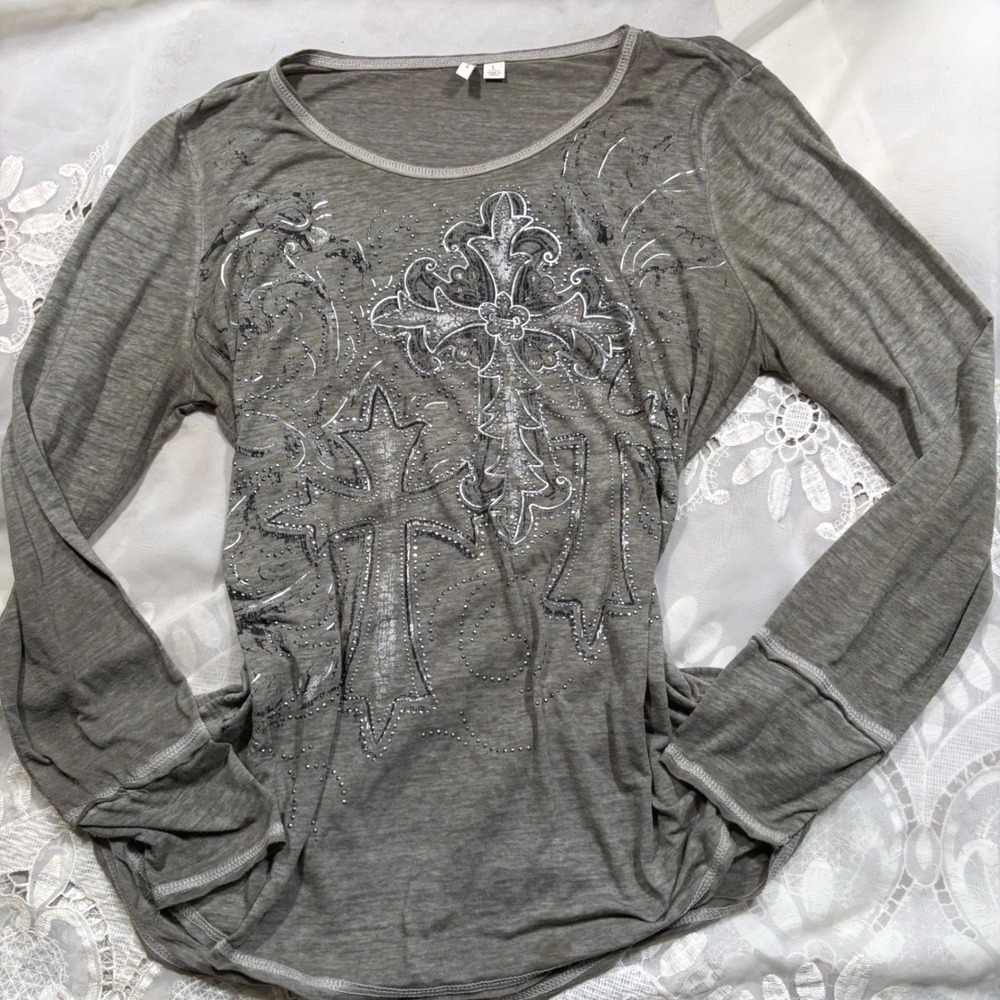 Y2K Mcbling Grunge Long Sleeve Rhinestone Gothic Cross Graphic Top Olive Green L